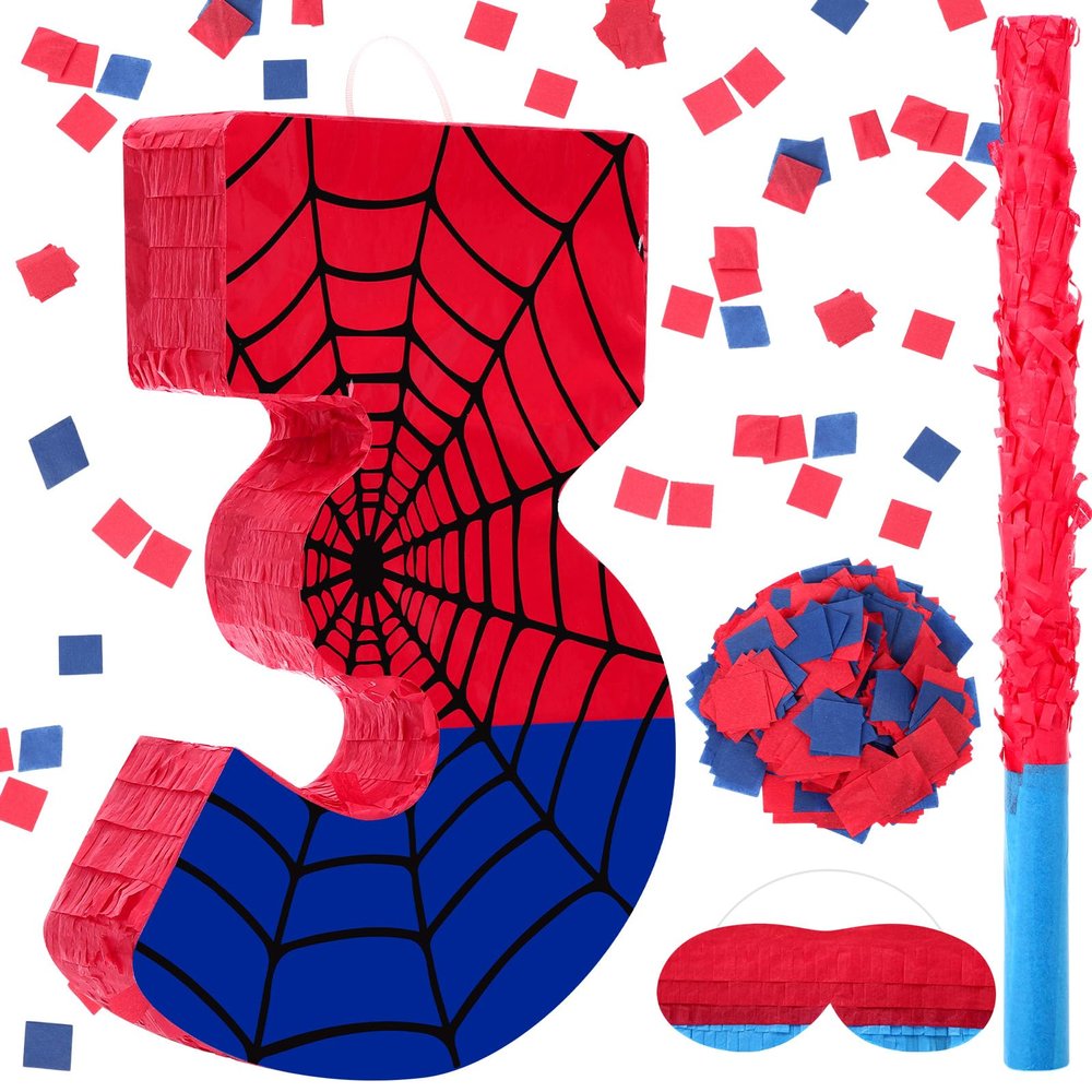 Simgoing Number 3 Spider Web Piata Bundle with Blindfold Small Piata Birthday Party Decoration for Mexican Fiesta Cinco De Mayo Anniversary Celebration Gift, 15.75 x 11 x 2.8 In(Red Blue)