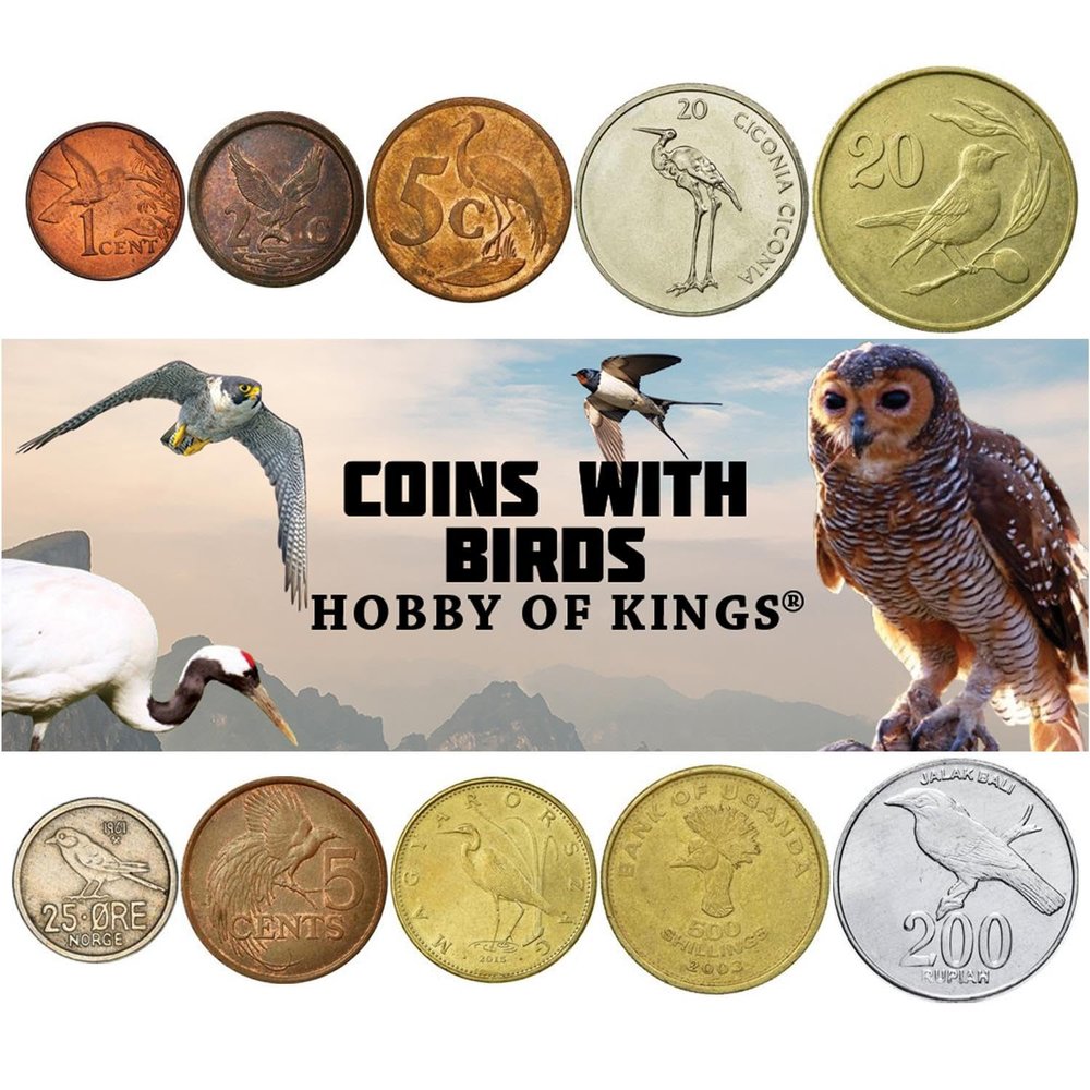10 Different Fantasy Coins Featuring Birds - Eagles, Parrots, Hawks, Roosters and More - Authentic World Novelty Token Collection