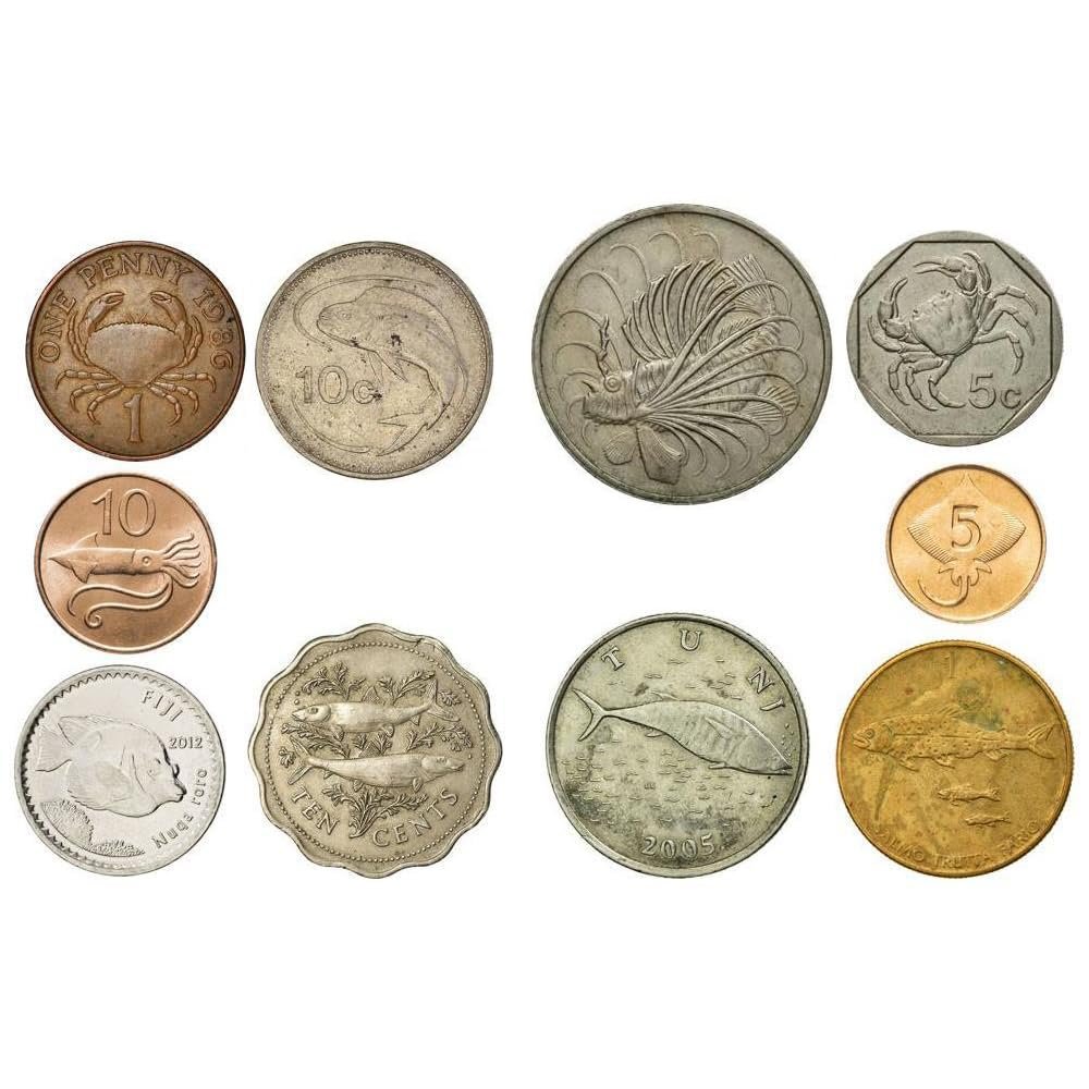 10 Novelty Coins Featuring Aquatic Creatures - Fish, Dolphins, Squids, Crabs, Shrimps, Starfish and More - World Fantasy Token Lot Collection