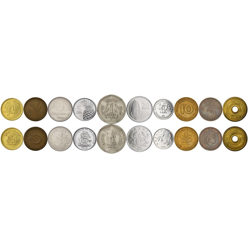 10 Different Souvenir Coins with Crops - Collectible Circulated Novelty Coin Set - Features Wheat, Rice, Maize, Grapes, Coffee, Cocoa and More