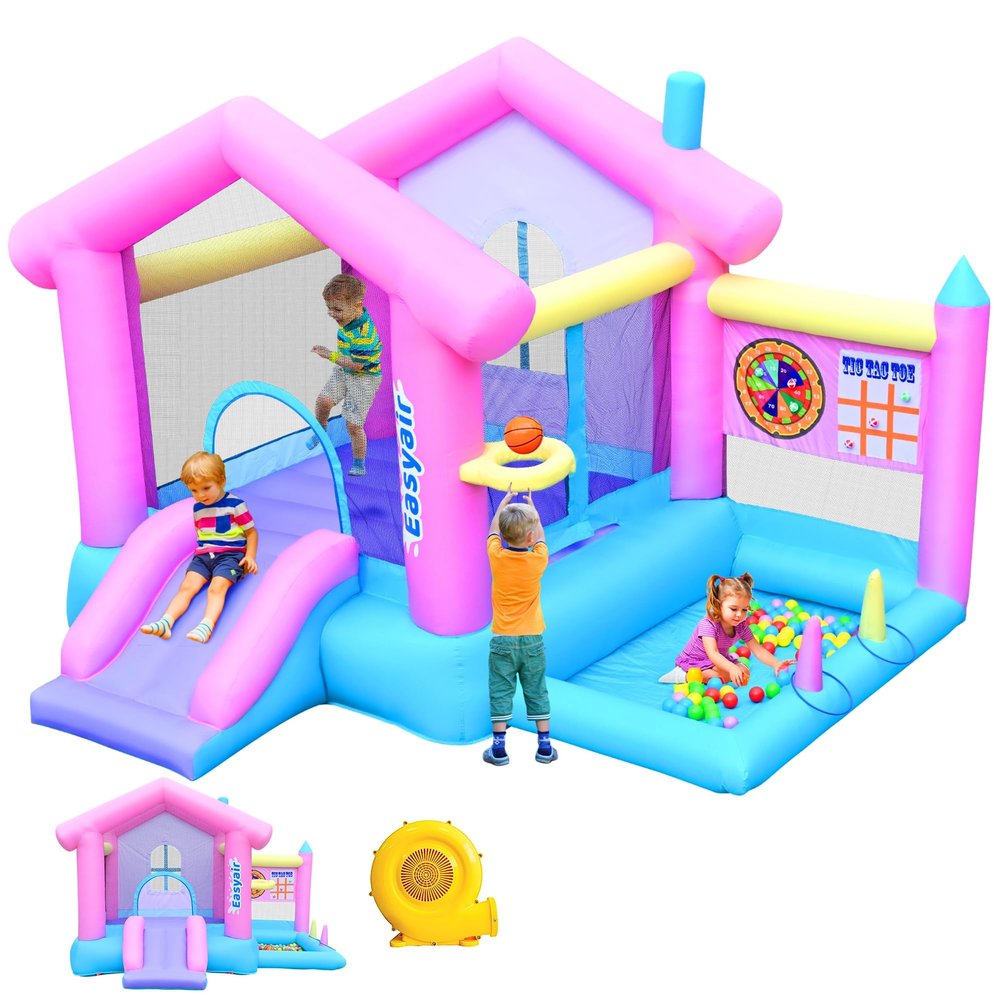 Inflatable Bounce House for Kids 3-10, 123" L x 110" Bouncy Castle, Jumping, Slide, Basketball Hoop, Ball Pits, Rings, Target Game Blower Included