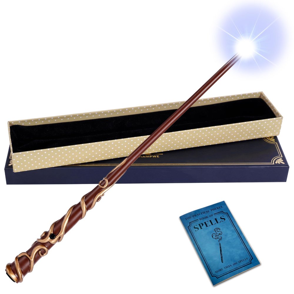 ChampWe Light Up Magic Wizard Wand Rechargeable Illuminating Toy for Kids Witch Collection Cosplay Accessories with Spellbook and Gift Box (Ivy)