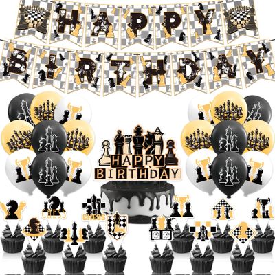 Chess Birthday Party Decorations Party Supplies Kit with Banner, Cake Topper, Cupcake Topper, Balloons for Chess Decoration Board Game Party