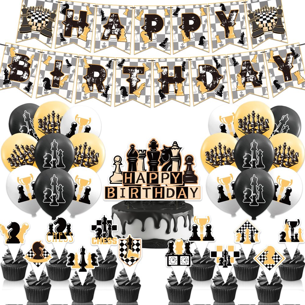 Chess Birthday Party Decorations Party Supplies Kit with Banner, Cake Topper, Cupcake Topper, Balloons for Chess Decoration Board Game Party
