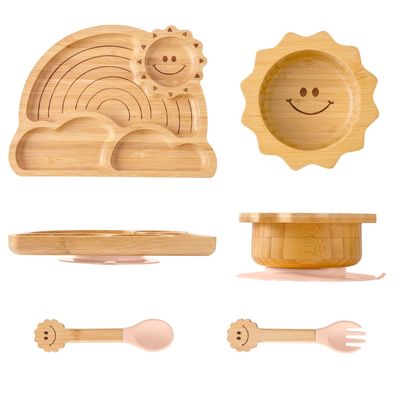 Bamboo Suction Plates Bowls Set for Baby Toddler - Includes Bamboo Bowl, Divided Plate, Silicone Fork & Spoon, All-Natural Baby Feeding Set for Baby-Led Weaning