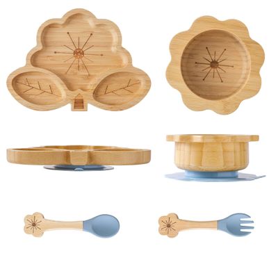 MingHoYo Bamboo Suction Plates Bowls Set for Baby Toddler - Includes Bamboo Bowl, Divided Plate, Silicone Fork & Spoon, All-Natural Baby Feeding Set for Baby-Led Weaning