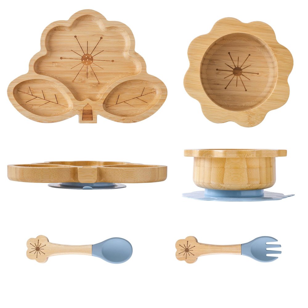MingHoYo Bamboo Suction Plates Bowls Set for Baby Toddler - Includes Bamboo Bowl, Divided Plate, Silicone Fork & Spoon, All-Natural Baby Feeding Set for Baby-Led Weaning