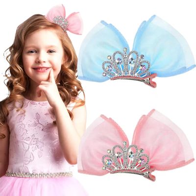 HywkingGrt 2Pcs Mini Princess Hair Accessories, Sparkly Mini Bows, Diamond Crown Pins, Ribbon Clips, and Metal Snap Barrettes for Girls' Birthday Hairstyling (Pink and Blue)