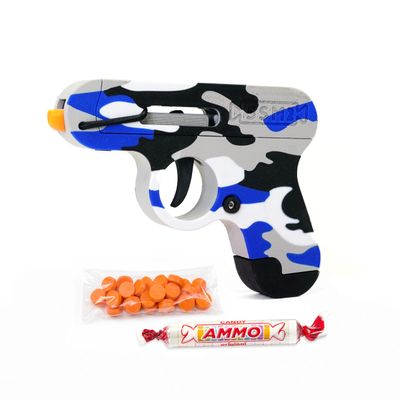 Toy Gun that Shoots Candy - The Smartee Shooter - Shoots Fast and Far - Over 40 feet & Over 70 fps. Working Magazine & Slide. 5 Packs of Candy & 20 Pieces of Plastic Ammo. (Blue Camo)