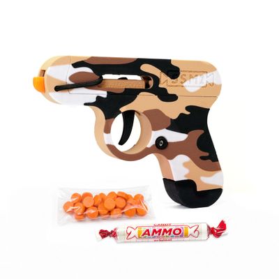 Toy Gun that Shoots Candy - The Smartee Shooter - Shoots Fast and Far - Over 40 feet & Over 70 fps. Working Magazine & Slide. 5 Packs of Candy & 20 Pieces of Plastic Ammo. (Desert Camo)