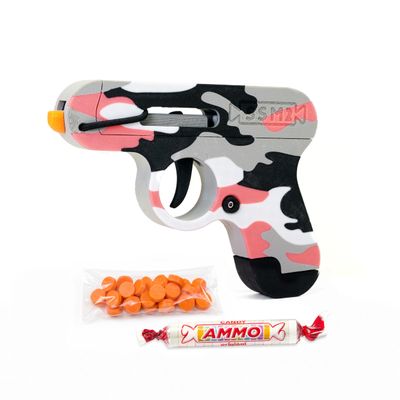 Toy Gun that Shoots Candy - The Smartee Shooter - Shoots Fast and Far - Over 40 feet & Over 70 fps. Working Magazine & Slide. 5 Packs of Candy & 20 Pieces of Plastic Ammo. (Pink Camo)