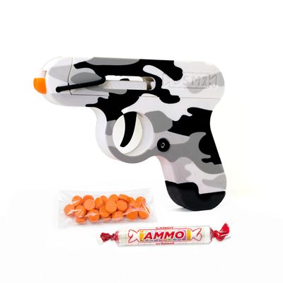 Toy Gun that Shoots Candy - The Smartee Shooter - Shoots Fast and Far - Over 40 feet & Over 70 fps. Working Magazine & Slide. 5 Packs of Candy & 20 Pieces of Plastic Ammo. (Arctic Camo)