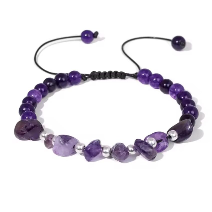 8mm Natural Stone Chip Beads Opal Bracelet Handmade Braided Bracelets For Women Men,Amethyst,19cm Adjustable
