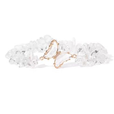 5-8mm Natural Stone Butterfly Bracelet Irregular Lapis Lazuli Malachite Gravel Chip Beads Stretch Bracelets For Women Men,Clear Quartz,19cm
