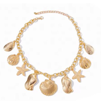 3.5 * 3.5cm Metal Starfish Scallop Pendant Choker Necklace For Women Metal Chain Beach,Gold,36+7cm