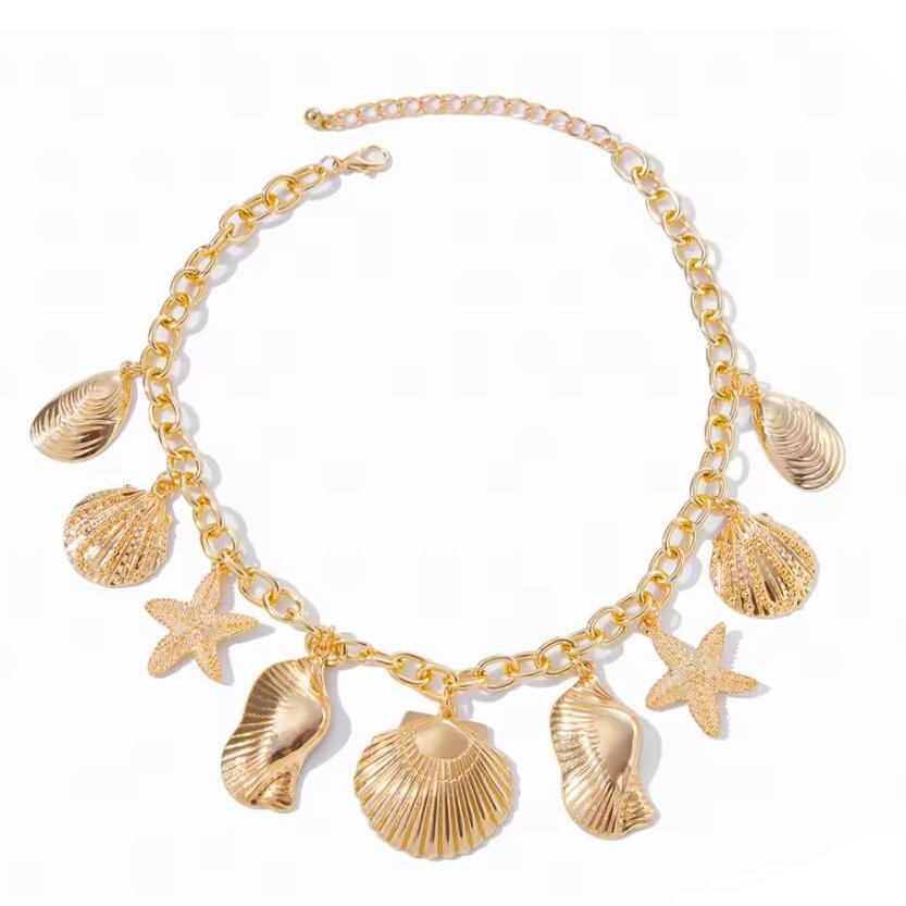 3.5 * 3.5cm Metal Starfish Scallop Pendant Choker Necklace For Women Metal Chain Beach,Gold,36+7cm