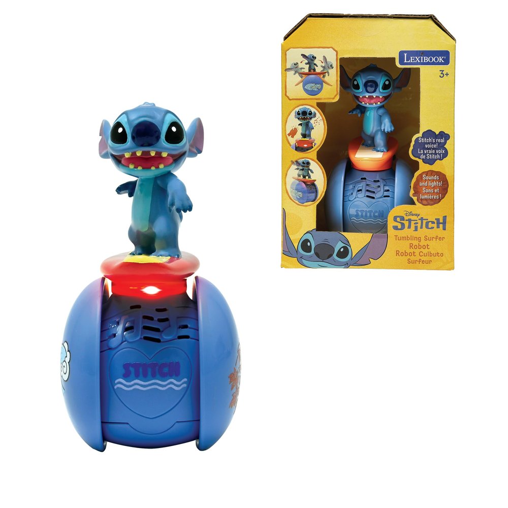 Lexibook, Disney Stitch Robot Stitch Interactive Surfer - Permanent Balance, Light and Sound Effects, Portable Toy with Responsive Sensors, Blue, ROB01D