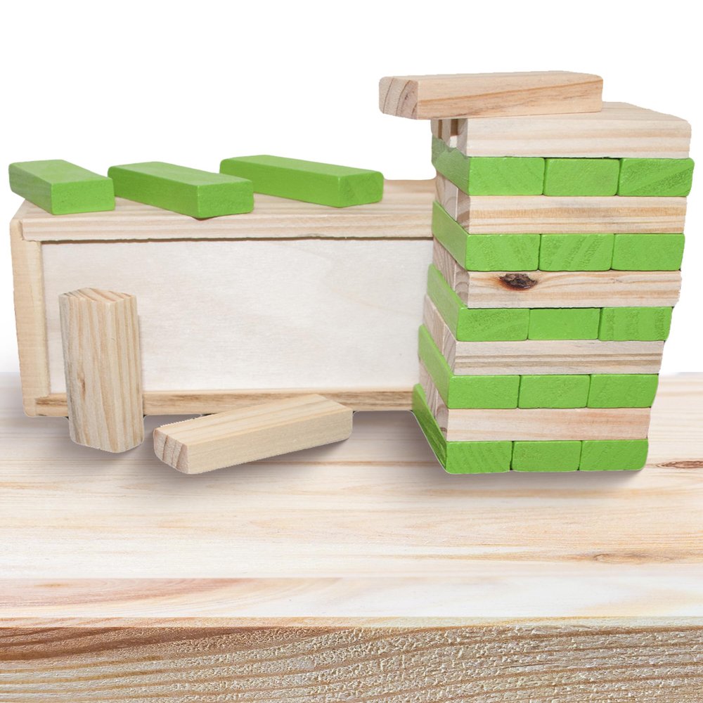 ALPI Wooden Tower Puzzle - Fun Block Games for Kids and Adults - 36 Pieces Wooden Stacking Blocks with Storage Case - Durable Tumbling Tower Game for Family Game Nights & Travel - Green, 6