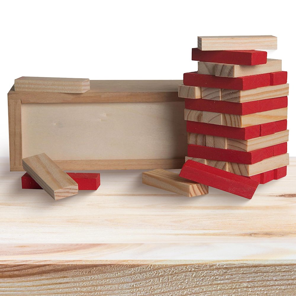 ALPI Wooden Tower Puzzle - Fun Block Games for Kids and Adults - 36 Pieces Wooden Stacking Blocks with Storage Case - Durable Tumbling Tower Game for Family Game Nights & Travel - Red, 6