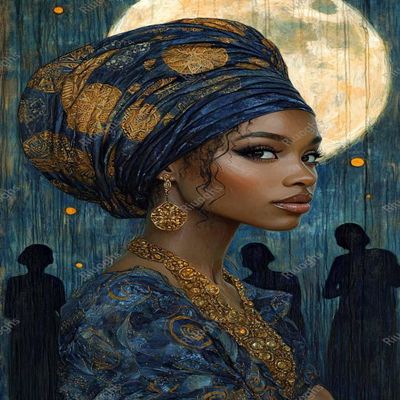 1000 Piece Jigsaw Puzzle for Adults Vintage African Woman in Headwrap Under The Moon Gold and Blue Hues, Artistic Painting Style Challenging and Fun Puzzle Game Puzzle Family Game Night Gift