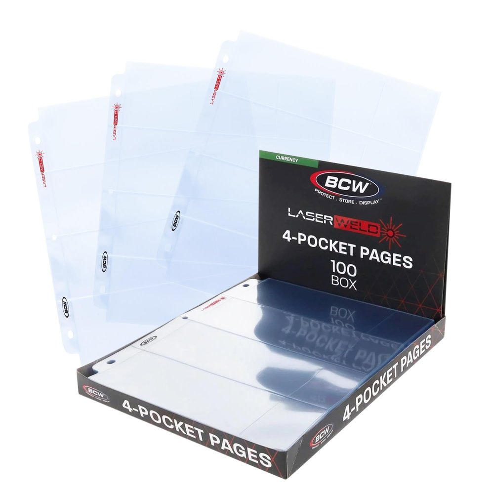 BCW LaserWeld 4-Pocket Currency Page - 100ct | Holds 4 Regular Bills with Label Pocket | Acid-Free Polypropylene | Top Loading, Laser-Welded Pages | Flat, Glare-Free Display for 3-Ring Binders