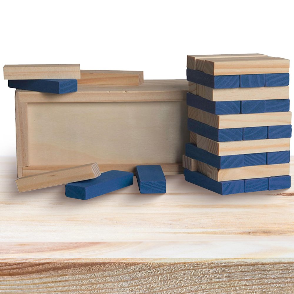 ALPI Wooden Tower Puzzle - Fun Block Games for Kids and Adults - 36 Pieces Wooden Stacking Blocks with Storage Case - Durable Tumbling Tower Game for Family Game Nights & Travel - Blue, 6