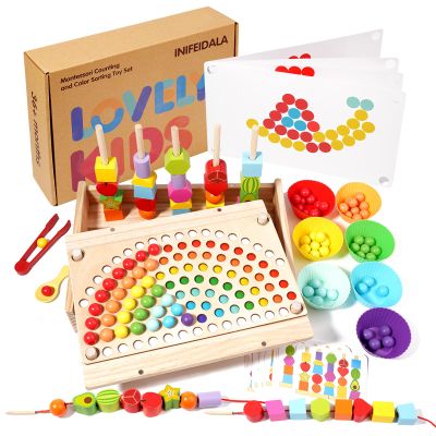 INIFEIDALA Toddler Learning Montessori Toys for 3 4 5 6 Year Old,Rainbow Stacking & Lacing Beads & Matching Shape Stacker - Wooden Peg Board Beads Sequencing Toy Set - Fine Motor Skills Toys
