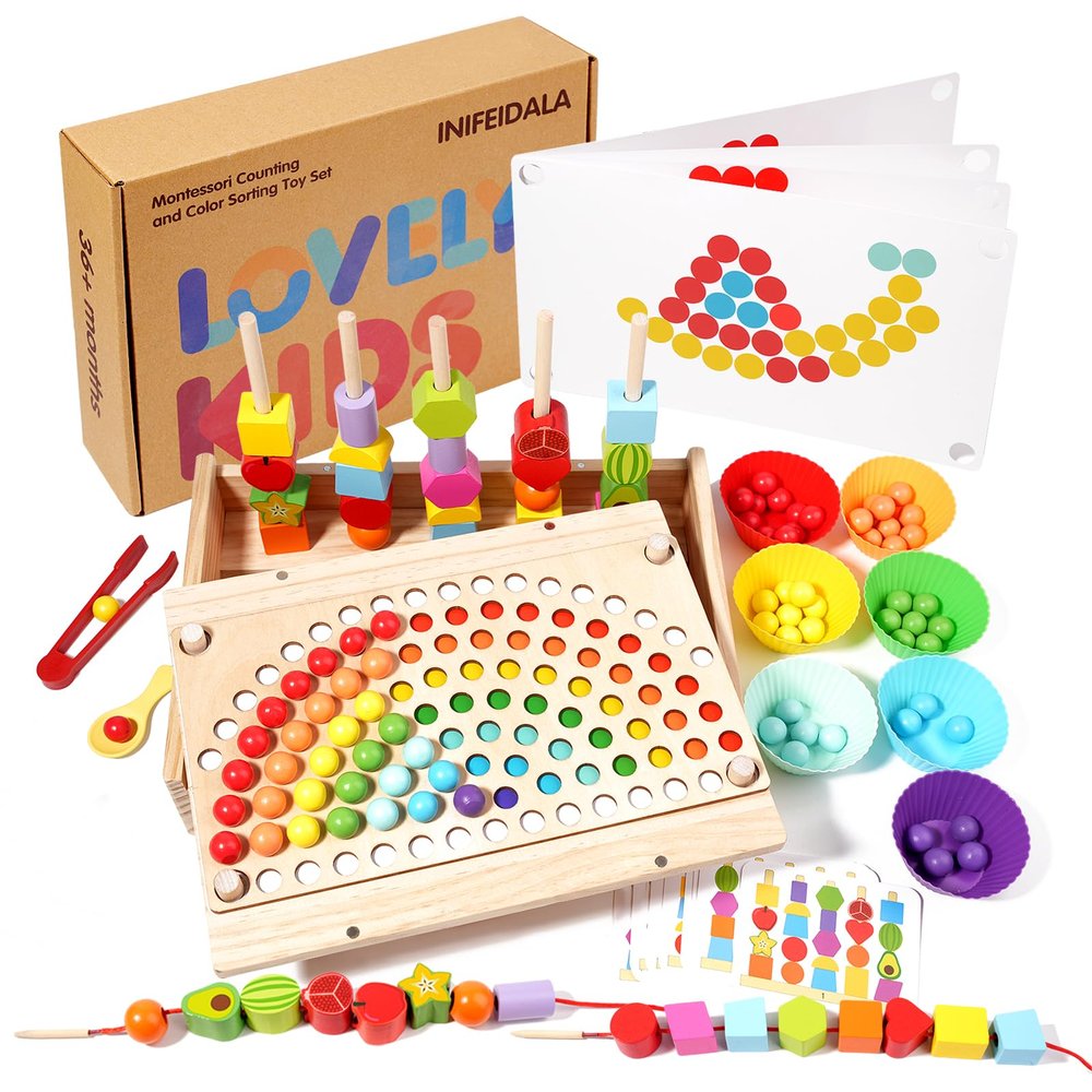 INIFEIDALA Toddler Learning Montessori Toys for 3 4 5 6 Year Old,Rainbow Stacking & Lacing Beads & Matching Shape Stacker - Wooden Peg Board Beads Sequencing Toy Set - Fine Motor Skills Toys
