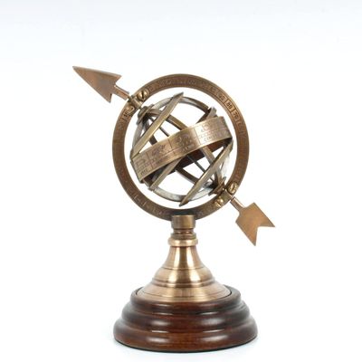 Brass Armillary Sphere, Vintage Zodiac World Globe with Wooden Base, Nautical Table Decor