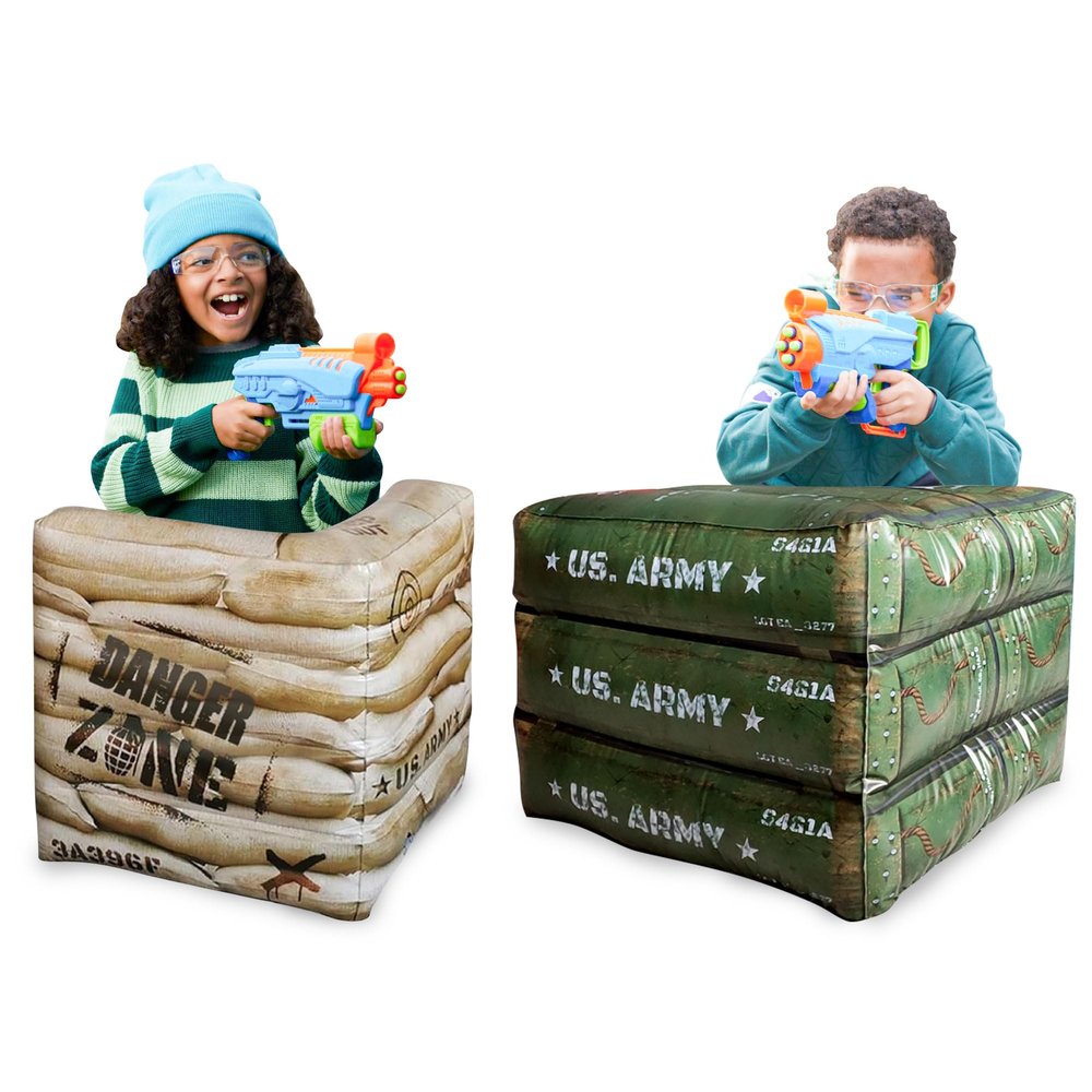 2-Piece Inflatable Combat Barricade Set Includes 1 Army Box and 1 Sandbag for Laser Tag, Water Blaster, Dart Blaster, and Action Game Parties