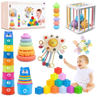 6 in1 Montessori Baby Toys 6-12 MonthsMontessori Toy for Babies 6-12 MonthsIncl 12pc Building Blocks &Silicone Pull String & Sensory Cube & Manhattan Ball& 2 Stacking Toys. Baby Development Toys
