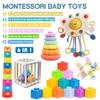 6 in1 Montessori Baby Toys 6-12 MonthsMontessori Toy for Babies 6-12 MonthsIncl 12pc Building Blocks &Silicone Pull String & Sensory Cube & Manhattan Ball& 2 Stacking Toys. Baby Development Toys view 3