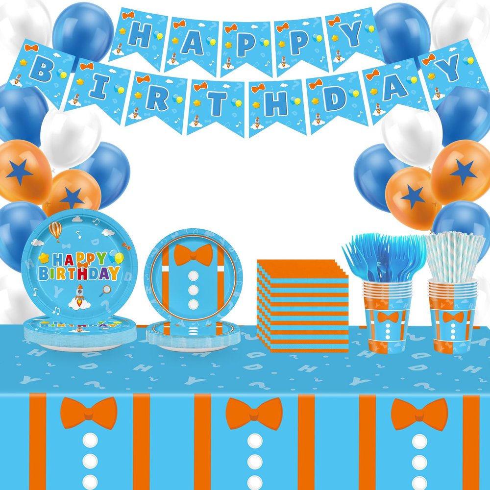 170pcs Cartoon Teacher Party Supplies for Girls Boys Teacher Happy Birthday Party Decorations Including Orange Blue Paper Plates Napkins Cups with Tablecloth Balloon Banner for 24 Guests