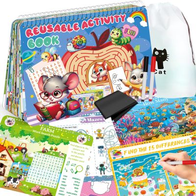 Elfew Reusable Activity Book for Kids Ages 4-8, 8-12, 30+ Brain Games for Kids, Reusable Puzzles Book for Kids