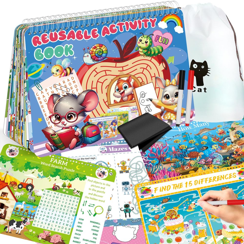 Elfew Reusable Activity Book for Kids Ages 4-8, 8-12, 30+ Brain Games for Kids, Reusable Puzzles Book for Kids
