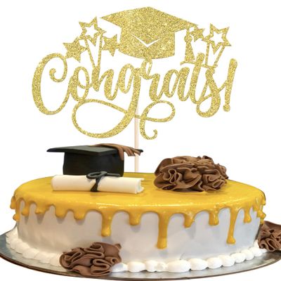 1 Pack Congrats 2025 Graduation Cake Topper Glitter Grad Cap Diploma 2025 Senior Cake Pick for School Graduation Theme Party Cupcake Decoration Supplies Gold
