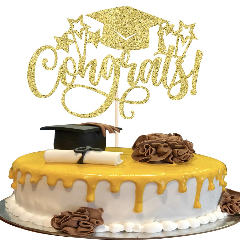 1 Pack Congrats 2025 Graduation Cake Topper Glitter Grad Cap Diploma 2025 Senior Cake Pick for School Graduation Theme Party Cupcake Decoration Supplies Gold