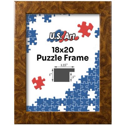 US Art Brown Burl 18x20 Puzzle Frame 1.25" Inch Wide - Handmade American Picture Frames with Preinstalled Hangers and UV Blocking Plexiglass Frames