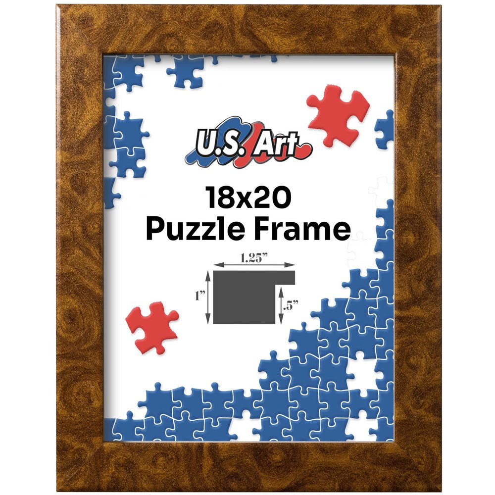 US Art Brown Burl 18x20 Puzzle Frame 1.25" Inch Wide - Handmade American Picture Frames with Preinstalled Hangers and UV Blocking Plexiglass Frames