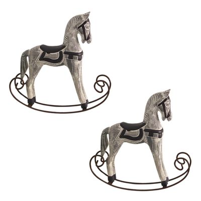 KONTONTY 2pcs Horse Wall Decor Wooden Rocking Horse Ornament Handmade Craft Home Decoration Grey