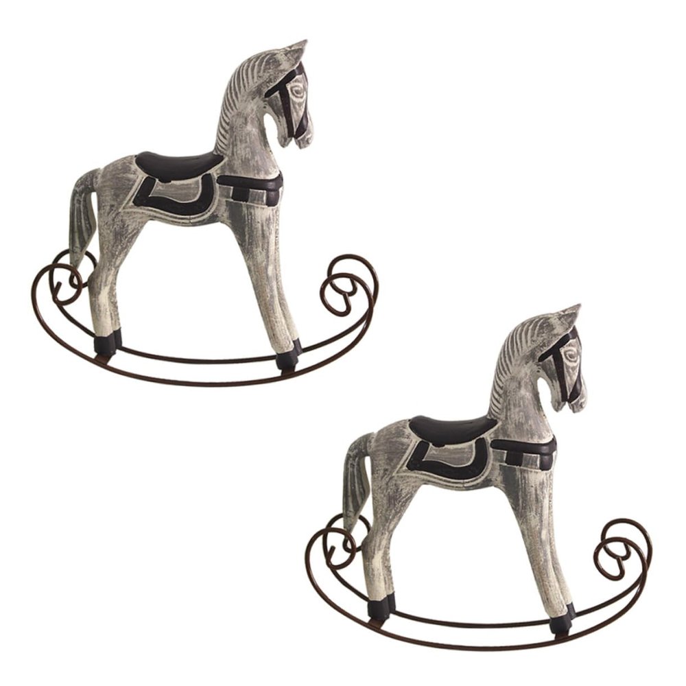 KONTONTY 2pcs Horse Wall Decor Wooden Rocking Horse Ornament Handmade Craft Home Decoration Grey