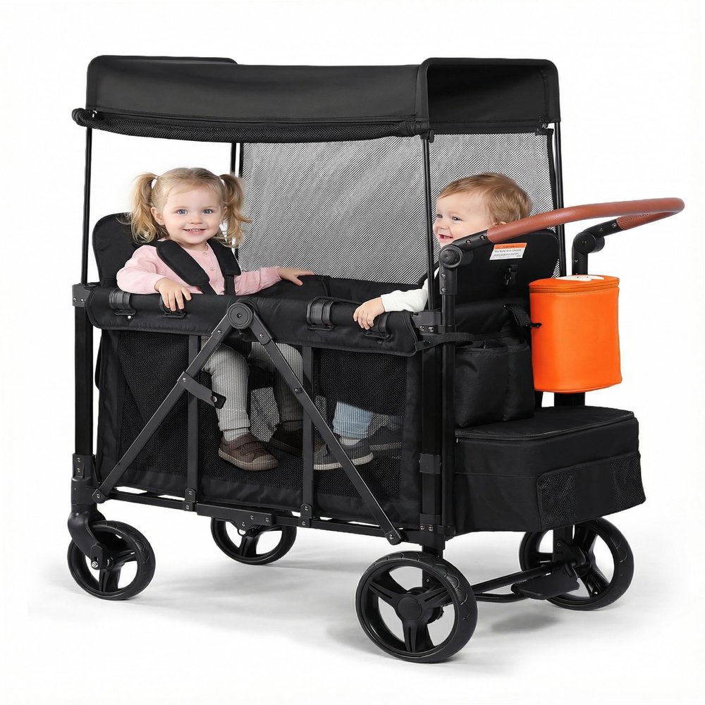 Stroller Wagon with Adjustable Handle Includes Canopy & Organizer, Foldable and Convenient for Storage (Black)