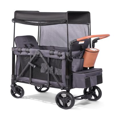 Wagon Stroller for 2 Kids with Insulated Snack Pack Foldable All-Terrain Wagon Stroller, 5-Point Harness & Canopy Parent Organizer Adjustable Handle (Grey)