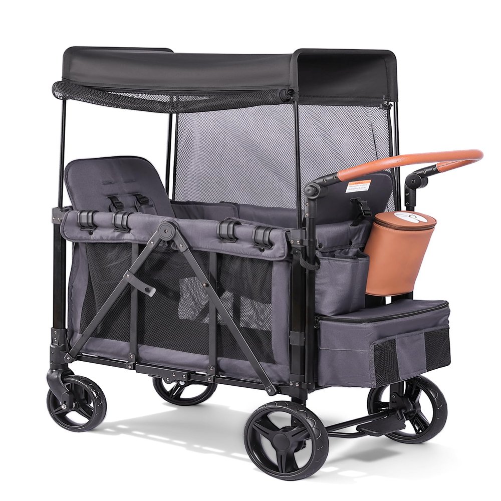 Wagon Stroller for 2 Kids with Insulated Snack Pack Foldable All-Terrain Wagon Stroller, 5-Point Harness & Canopy Parent Organizer Adjustable Handle (Grey)
