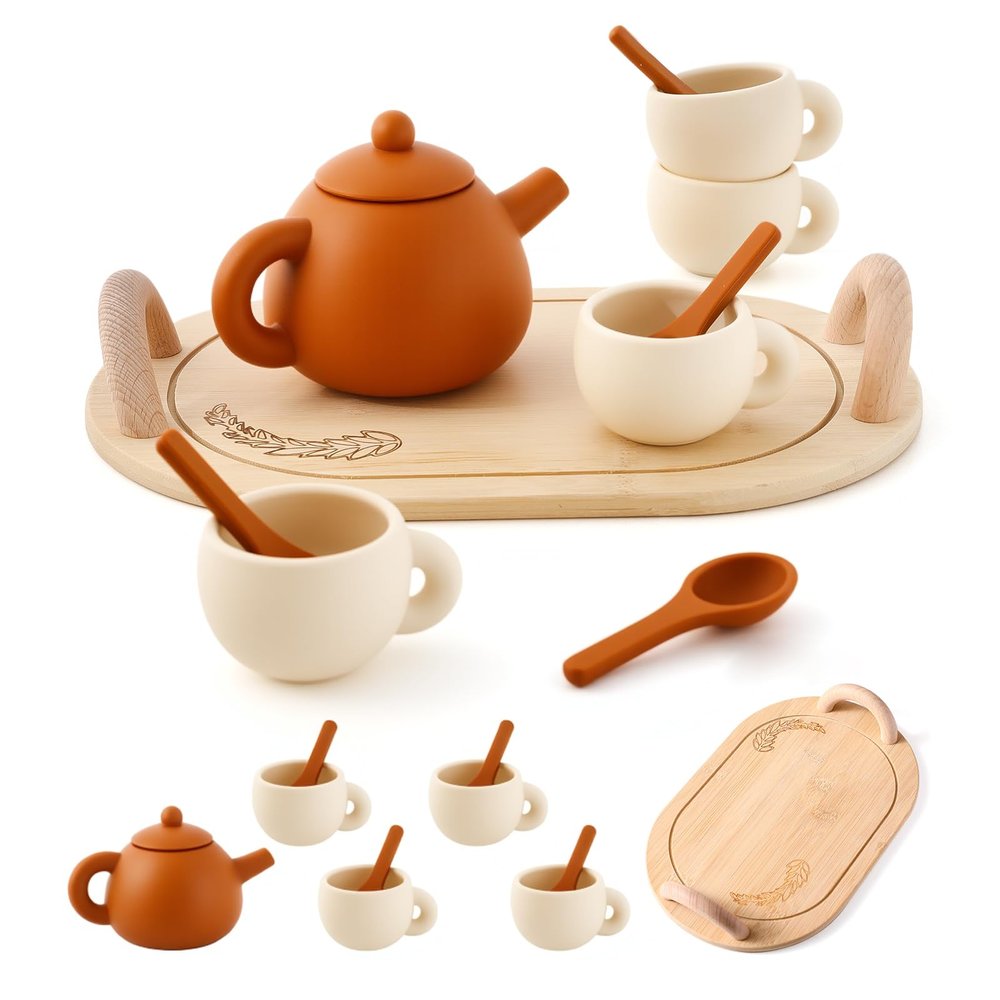Samonyed Silicone Tea Set for Toddlers Kids Tea Set for Girls & Boys, Pretend Play Tea Party Set with Teapot, Cups & Spoons Safe Tea Sets for Toddlers 3-5 Years Old
