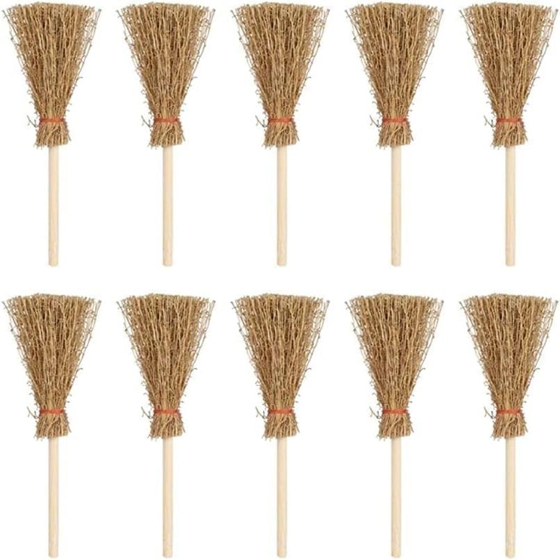 10Pcs Mini Brooms, Witch Straw Brooms, Doll House Dollhouse Accessories Props Miniature Artificial, Mini Furniture Halloween Decoration Accessory for Costume Cosplay Party, Dollhouse Dcor