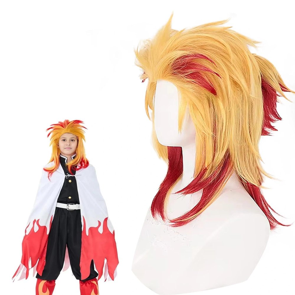 abouder Rengoku wig kids kyoujurou wig Heat Resistant Hair with Wig Cap Halloween Costume Wigs