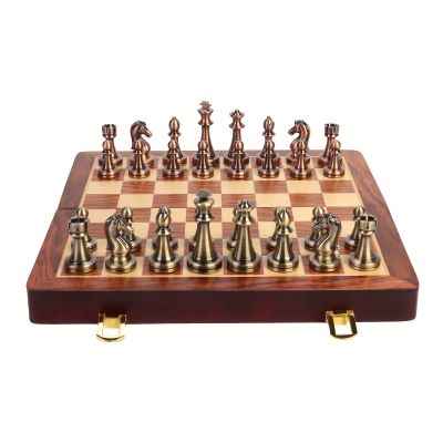 15-Inch Metal Chess Set with Wooden Storage Box - Folding Travel Board, Alloy Chess Pieces for Adults, Strategy Game & Home Decor (Bronze)