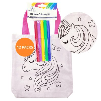 Angels Craft 12 Pack Coloring Tote Bag Kit - Cute Unicorn Pre Drawn Design with 5 Markers for Creative Fun Painting - Ideal for Gifts Birthday Bags