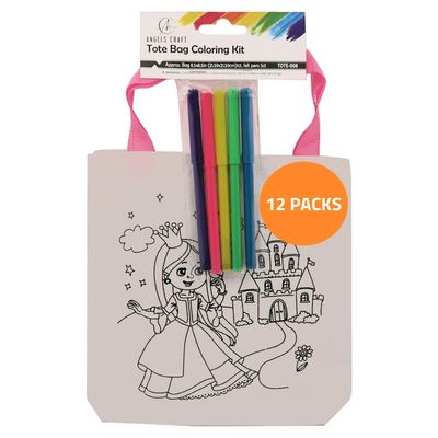 Angels Craft 12 Pack Coloring Tote Bag Kit - Cute Princess Pre Drawn Design with 5 Markers for Creative Fun Painting - Ideal for Gifts Birthday Bags
